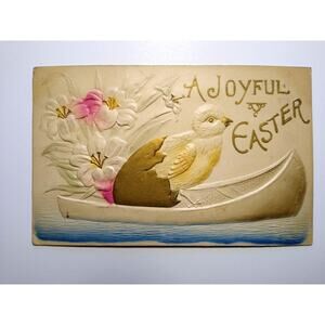 Easter Postcard Raised Image Baby Chick Fantasy In Canoe Boat Airbrushed 1911